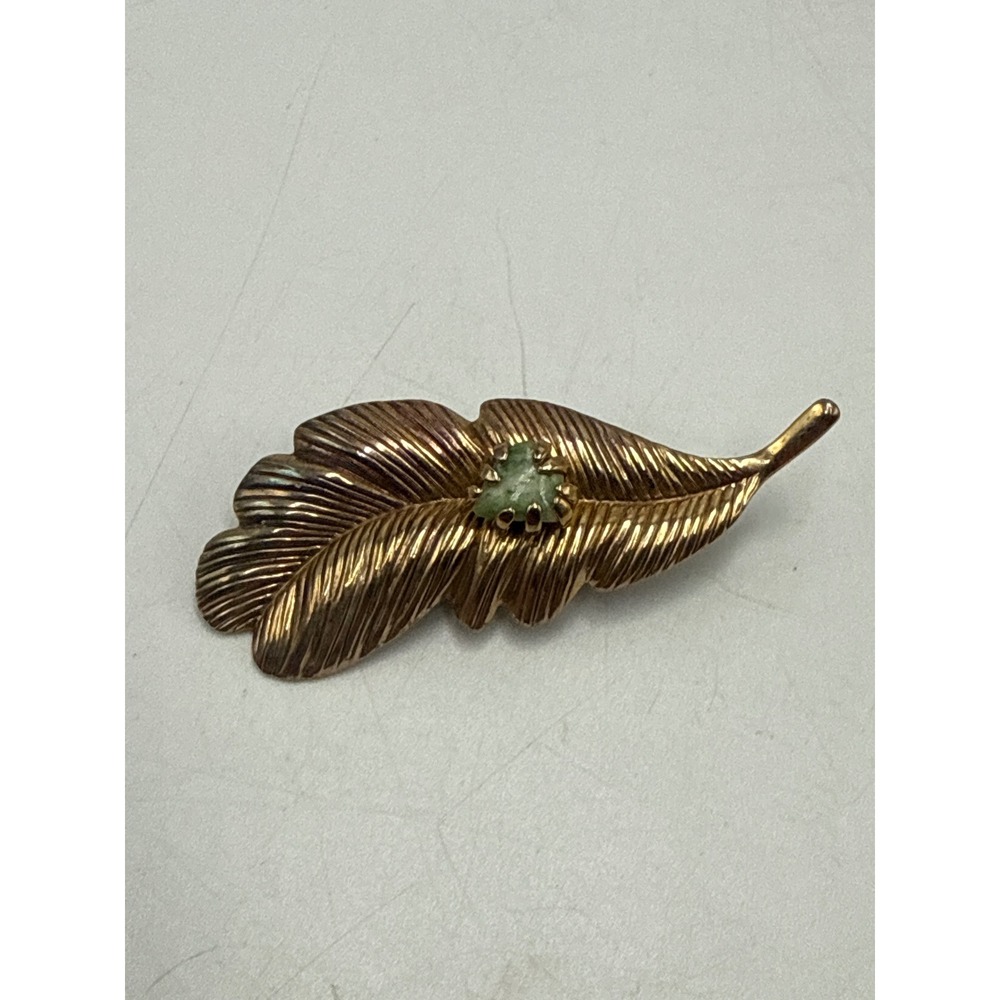 Vintage Gold Tone Feather Brooch with Green Raw Stone Accent Leaf Pin 2 Inch